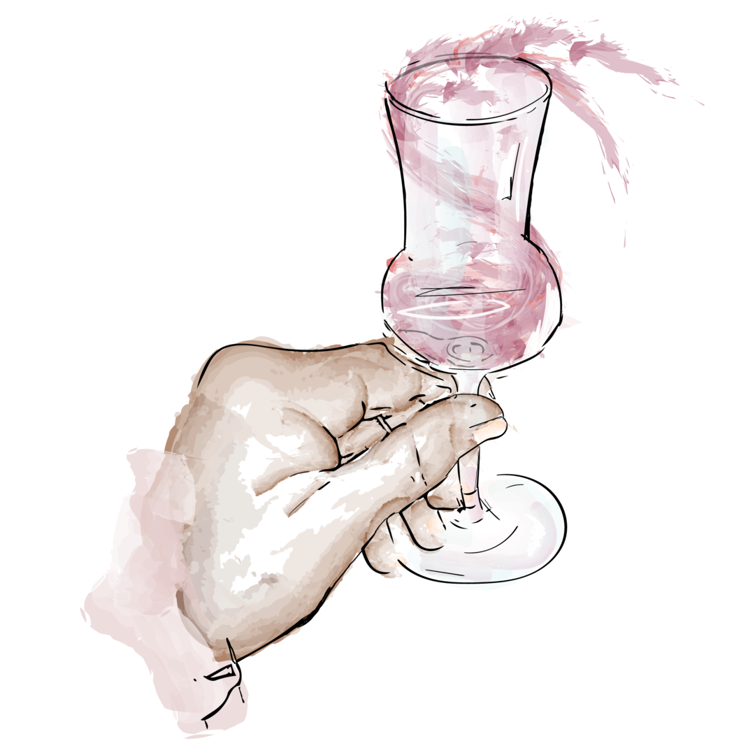 Zeichnung einer Hand welche ein Weinglas hält.